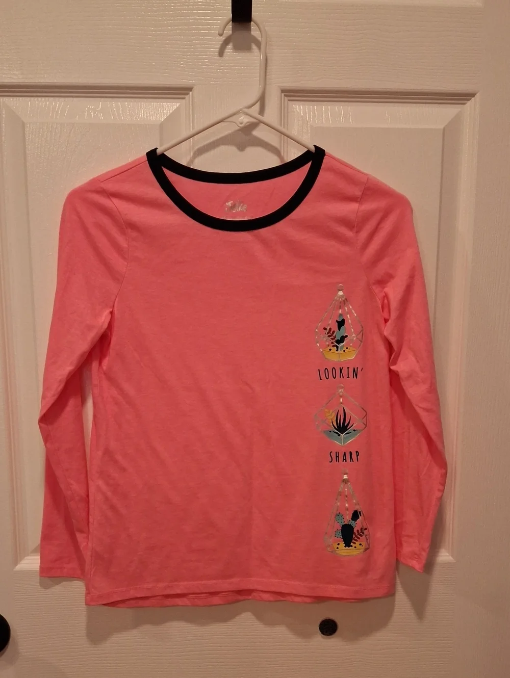 Justice Pink Long-Sleeve Graphic Tee with Black Trim. Size 12